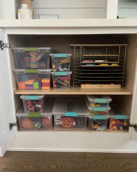 Kids toy storage organization. I use the Sterilite latch bins from Target (3 different sizes). This system works for us and the kids put the toys back where they belong.

The Melissa and Doug puzzle rack is great because it holds two sizes of puzzles and makes it easy for kids to find what they are looking for without dumping all the puzzles on the ground.