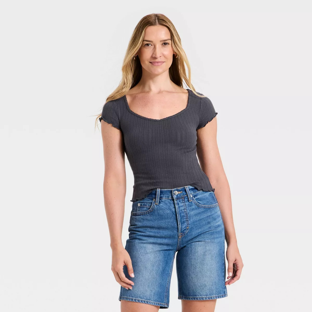 Women's Slim Fit Short Sleeve Pointelle Sweetheart Neck T-Shirt - Universal Thread™ Navy Blue L | Target