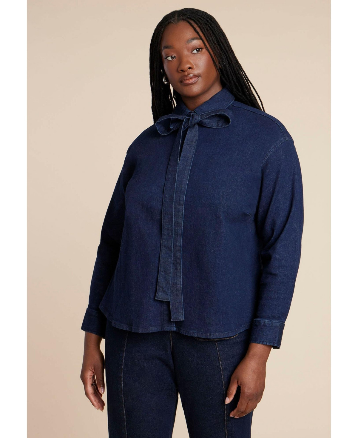 Eloquii Women's Plus Size Denim Top With Bow Tie - Dark wash | Macy's