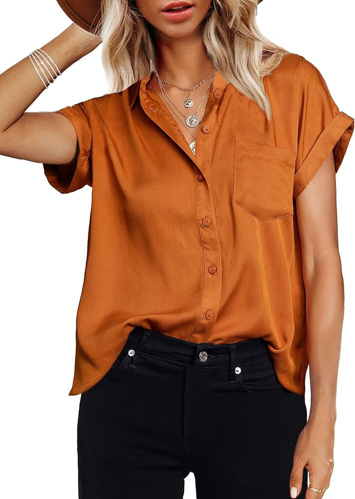 Meetrendi Women's Button Down Shirts Solid Blouse Batwing Short Sleeve Tops with Pockets | Amazon (US)