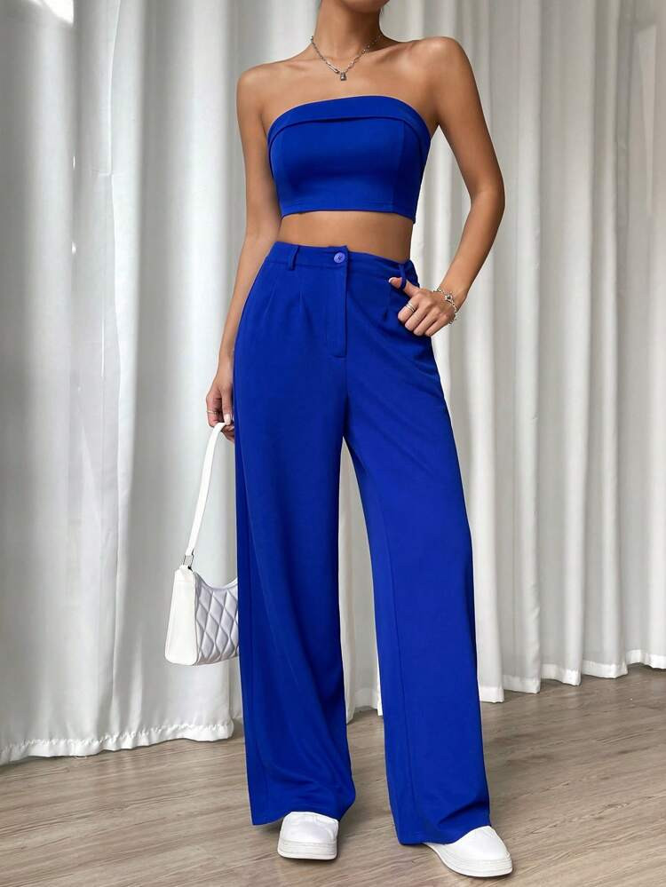 SHEIN EZwear Solid Tube Top & Wide Leg Pants | SHEIN