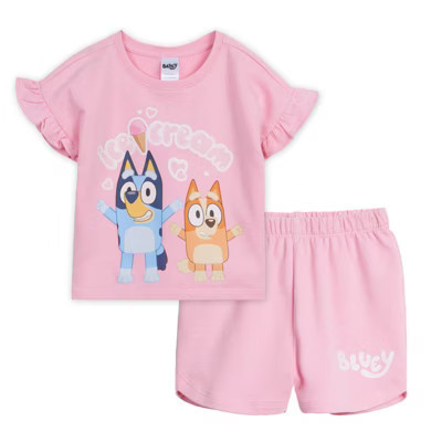 Bluey Little Girls French Terry T-Shirt and Shorts Outfit Set Pink 7-8 | Target