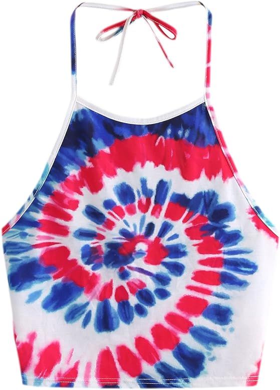 Women's Sexy Spiral Tie Dye Multicolor Print Backless Tie Halter Top | Amazon (US)