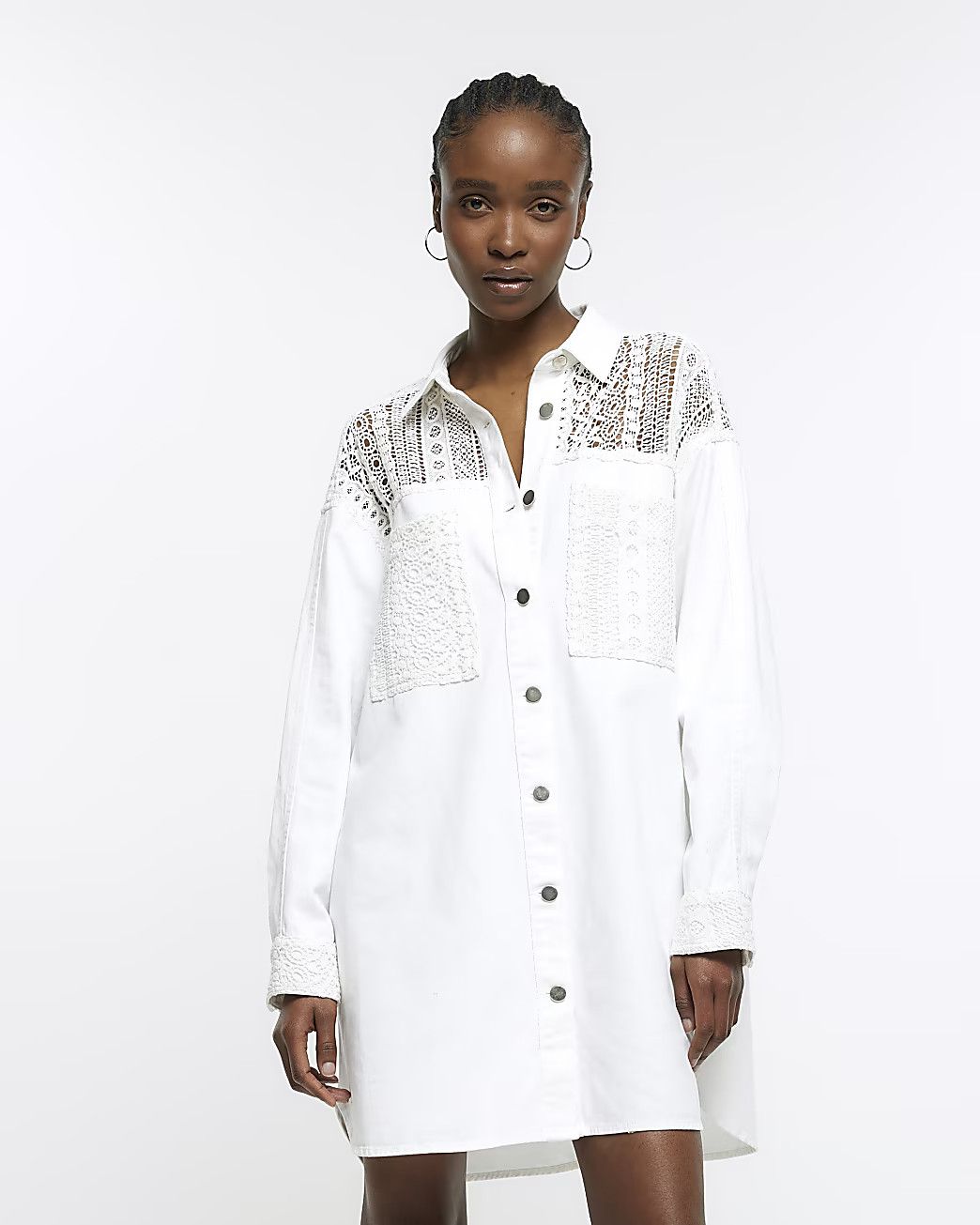White lace detail mini shirt dress | River Island (UK & IE)