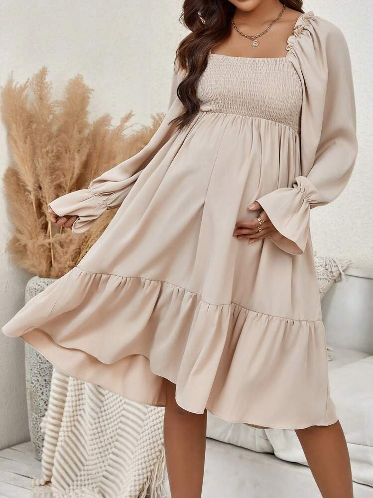 SHEIN Maternity Square Neck Flare Sleeve Ruffle Hem Dress | SHEIN