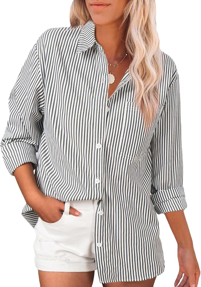 Women's Striped Long Sleeve Button Down Shirts V Neck Casual Tops Classic Office Work Blouses wit... | Amazon (US)