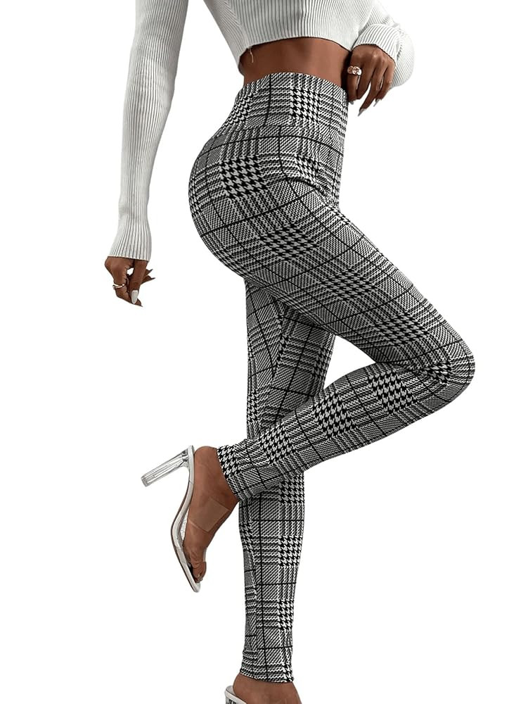 SweatyRocks Women's High Elastic Waisted Plaid Leggings Wide Waistband Stretchy Skinny Work Pants | Amazon (US)