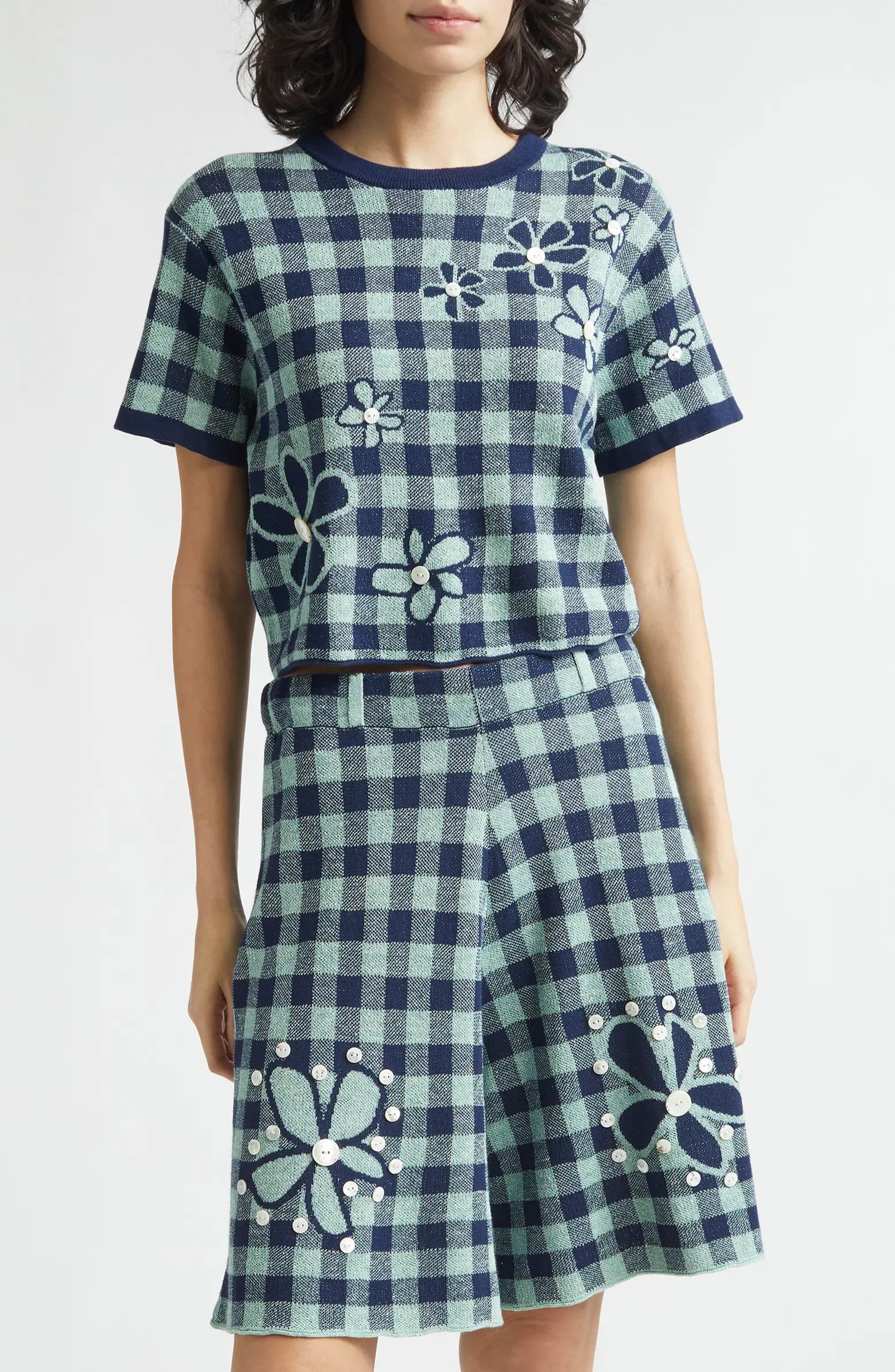 Gingham Flower Cotton & Linen Blend Jacquard Sweater | Nordstrom