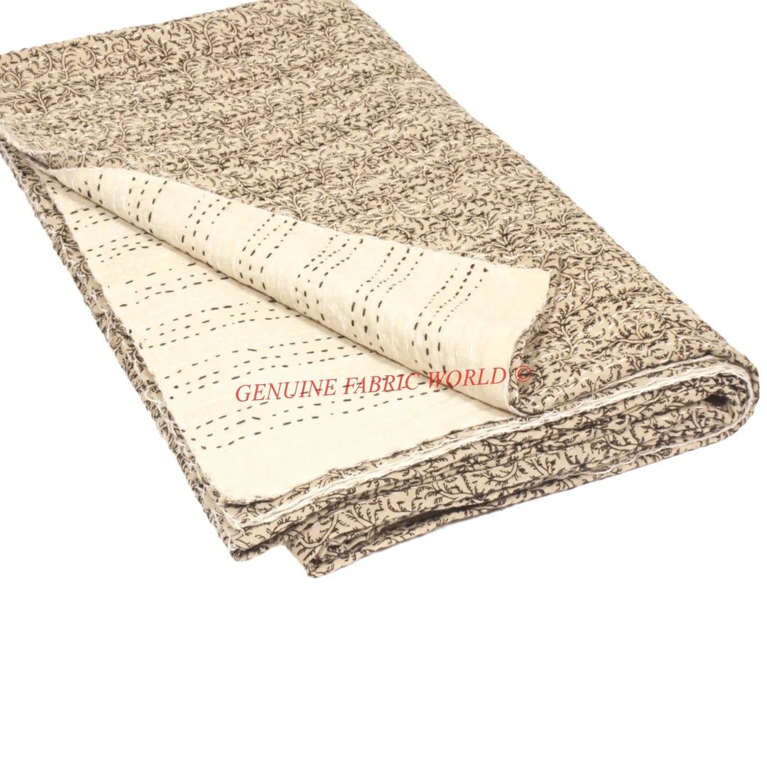 Beige quilt Beige Kantha Quilt Queen Hand block kantha quilt bedspread throw handmade bedsheet qu... | Etsy (US)