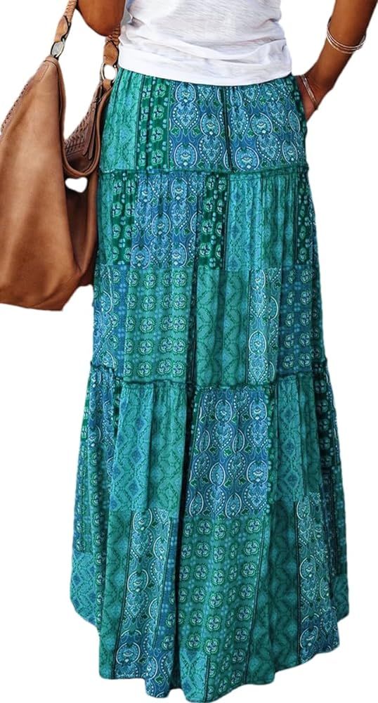 Bohemian Skirt Loose Casual high Waist Dress Womens Floral Print Boho Maxi Skirt Elastic Ruffle F... | Amazon (US)