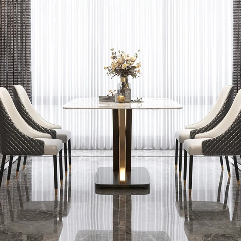 Contemporary White Rectangular Sintered Stone Dining Table Gold Base Dinner Table | Wayfair North America