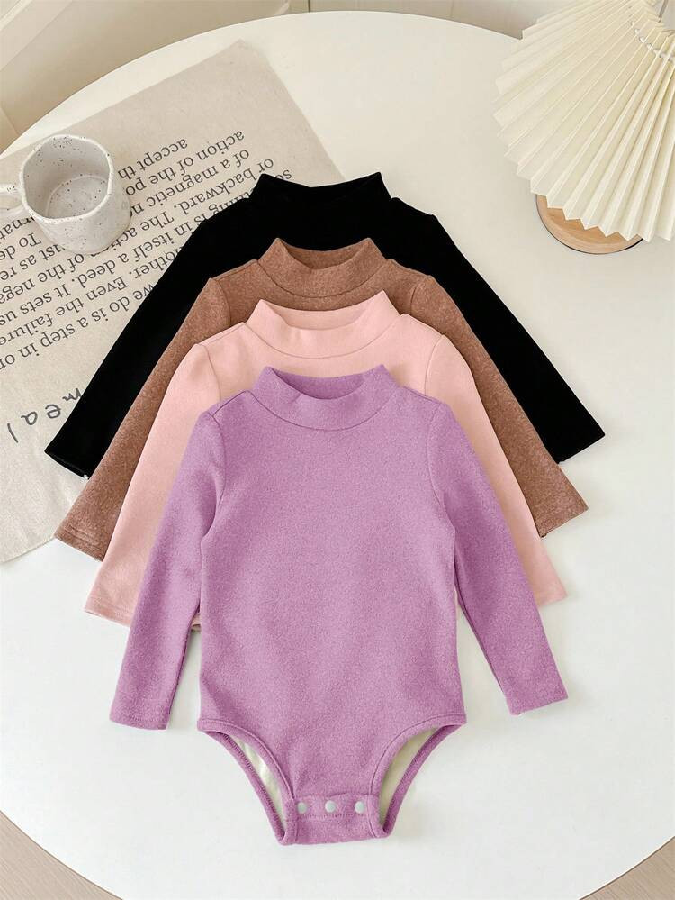 SHEIN LMoss Kids LMoss Baby Girl 4pcs/Set Newborn Baby Girl Cute Knit Solid Color Mock Neck Long Sleeve Romper, Suitable For Autumn & Winter | SHEIN