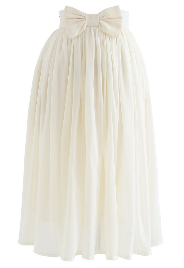 Bowknot Waist Chiffon Pleated Midi Skirt in Ivory | Chicwish