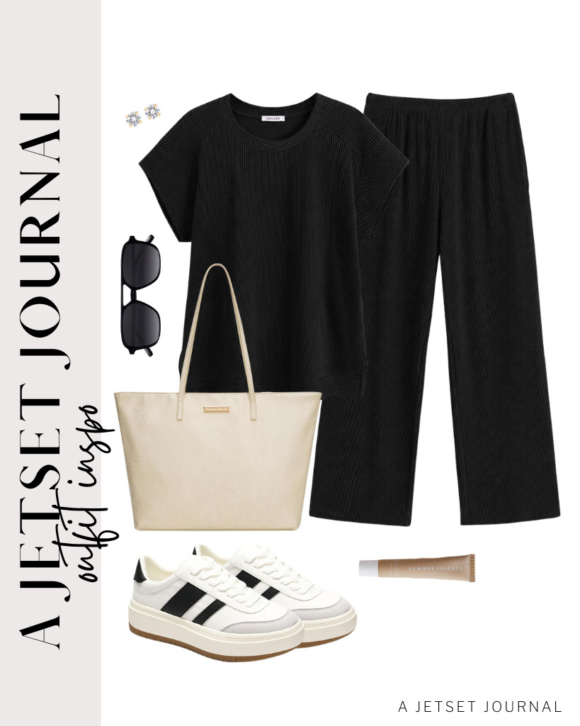 A black-on-black combination of this two-piece outfit is a classy option. Wearing a pair of Project Cloud sneakers and SOJOS aviator sunglasses goes well with this outfit. To complete this fit, grab a Montana West tote bag and pop in these PAVOI stud earrings.

#LTKSeasonal #LTKSaleAlert #LTKTravel
 

 