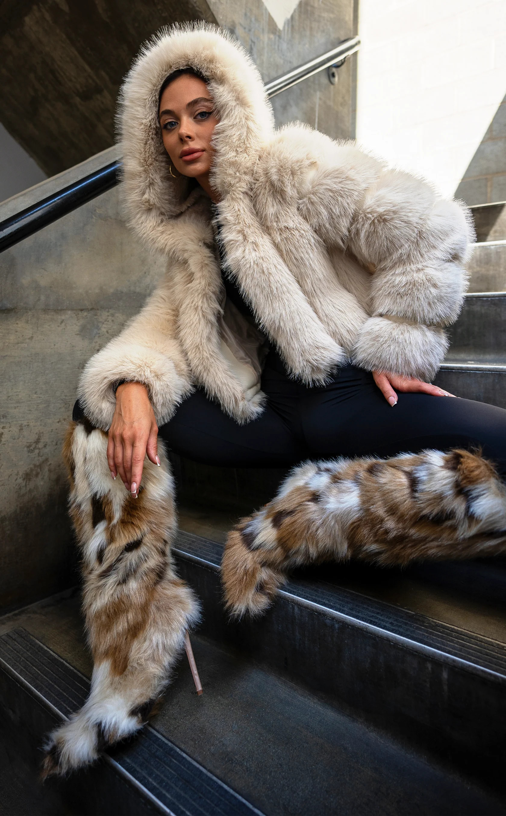 JOLENE-TAN HOODED FAUX FUR JACKET | Azalea Wang