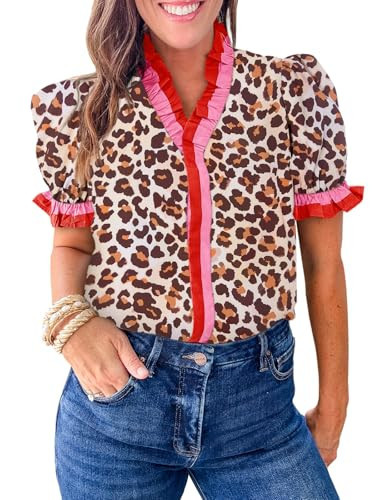 Cicy Bell Womens Leopard Print Tops Summer Puff Short Sleeve V Neck Button Down Shirts Patchwork Ruffle Blouses | Amazon (US)
