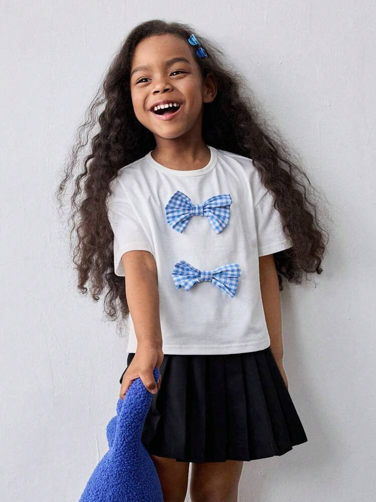 Maija Kids Maija Kids Young Girl Casual Loose Round Neck Bow Decor Short Sleeve T-Shirt | SHEIN