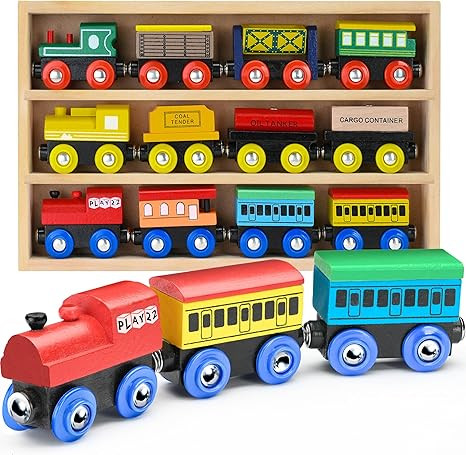 Wooden Train Set 12 PCS - Train Toys Magnetic Set Includes 3 Engines - Toy Train Sets For Kids To... | Amazon (US)