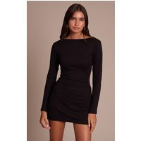 Black Ribbed Boat Neck Long Sleeve Bodycon Dress | PrettyLittleThing US
