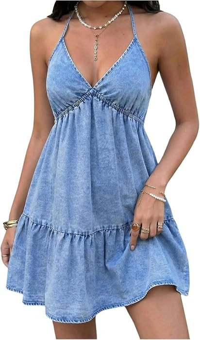 WDIRARA Women's Halter V Neck Denim Flowy Sleeveless Short Dress | Amazon (US)