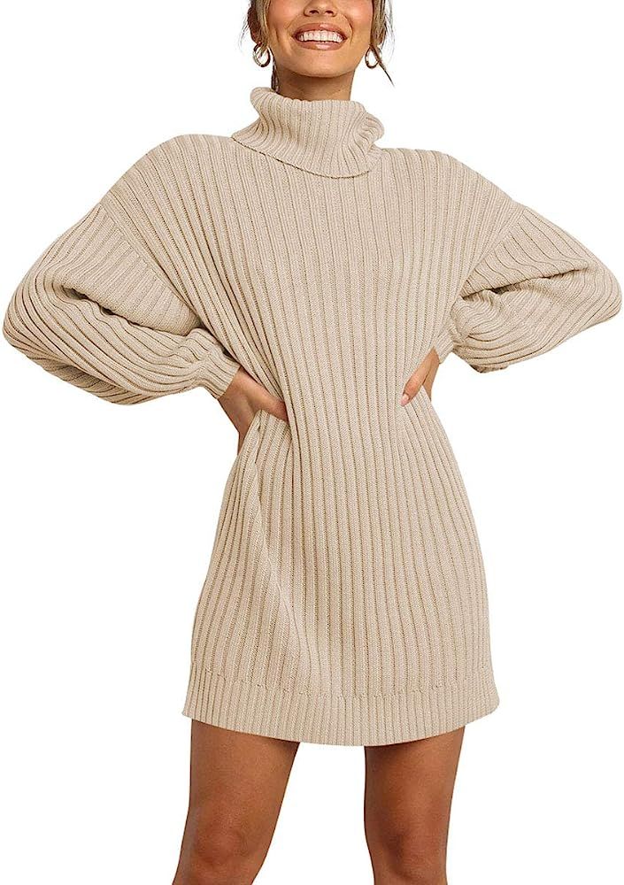 MILLCHIC Women Oversized Turtleneck Long Sleeve Sweater Dress Casual Loose Knit Pullover Dresses | Amazon (US)