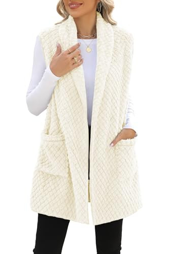 ReachMe Sherpa Vest Womens Open Front Long Vest for Women Sleeveless Fuzzy Vest with Pockets Fleece Vest Cardigan(02b Cream,M) | Amazon (US)