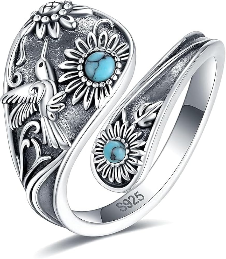 S925-Sterling-Silver Turquoise Dragonfly/Butterfly Spoon Ring - Vintage Boho Sunflower Thumb Ring... | Amazon (US)