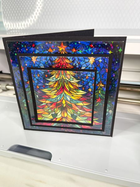 Holographic stained glass card with Cricut (I used Teckwrap printable vinyl but also recommend Neato labels) 