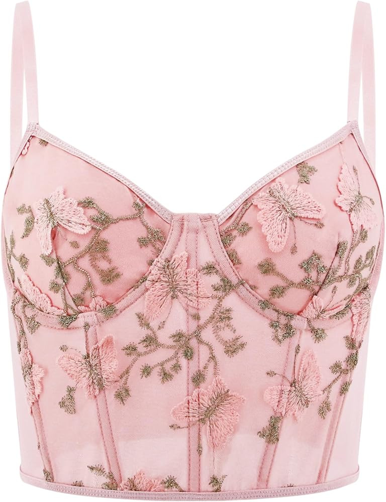 Testudineus Women Chic Floral Embroidered Corset Top Spaghetti Strap Sheer Mesh Push Up Bustier B... | Amazon (US)