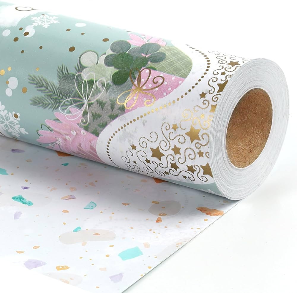 BIOBROWN Reversible Vintage Christmas Wrapping Paper Roll with Trim Ribbon 17 Inch X 40 Feet (56.... | Amazon (US)