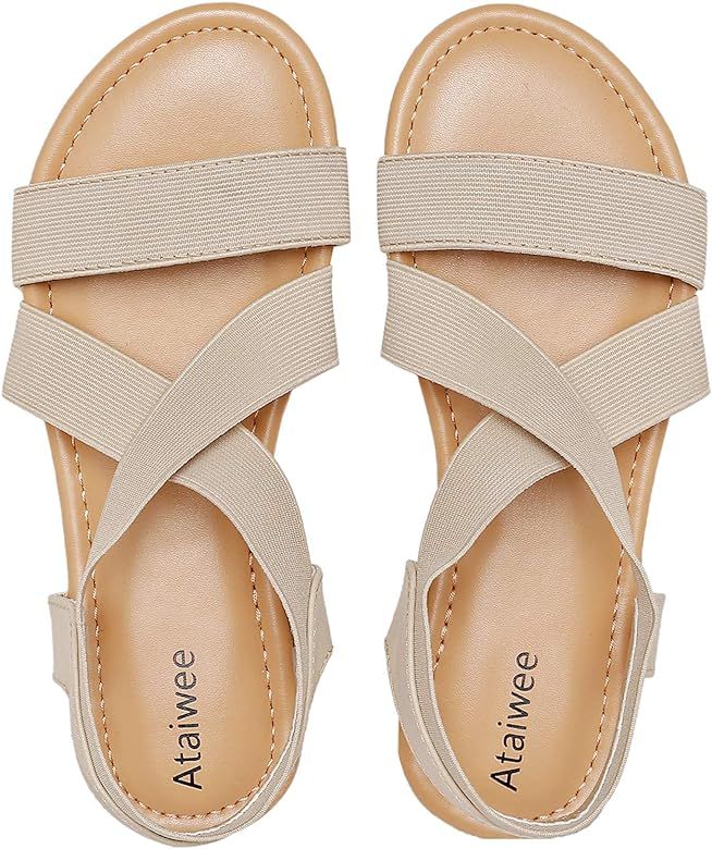 Womens Wide Flat Sandals - Elastic Stretch Cross Ankle Strap Comfortable Gladiator Summer Shoes. | Amazon (US)