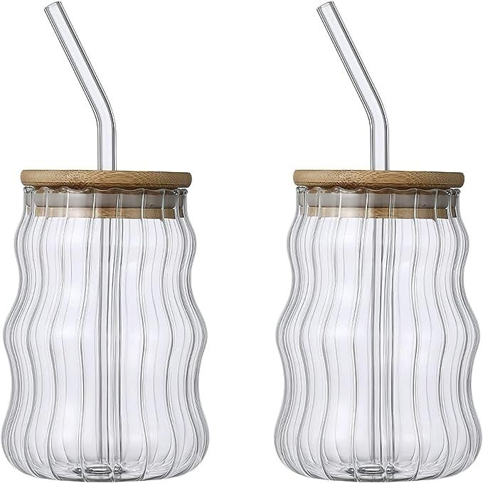 2 Pack Drinking Glasses with Bamboo Lids and Glass Straw 17oz Creative Ripple Bobo Cup New Glass ... | Amazon (US)