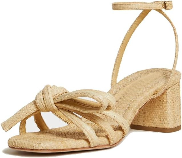 Arqa Bow-embellished Natural Raffia Heeled Sandals for Women Open Squared Toe Block Mid Heel Sand... | Amazon (US)