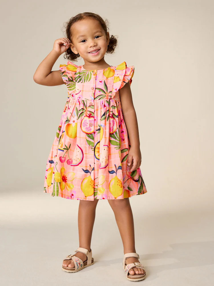 Peach Pink Tropical Double Ruffle Sleeve Dress (3mths-8yrs) | Next US