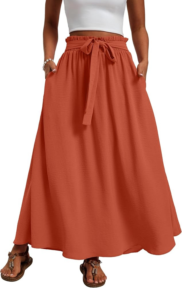 Womens Maxi Skirt High Waisted Flowy A Line Weekend Skirt with Tie Waist for Summer | Amazon (US)