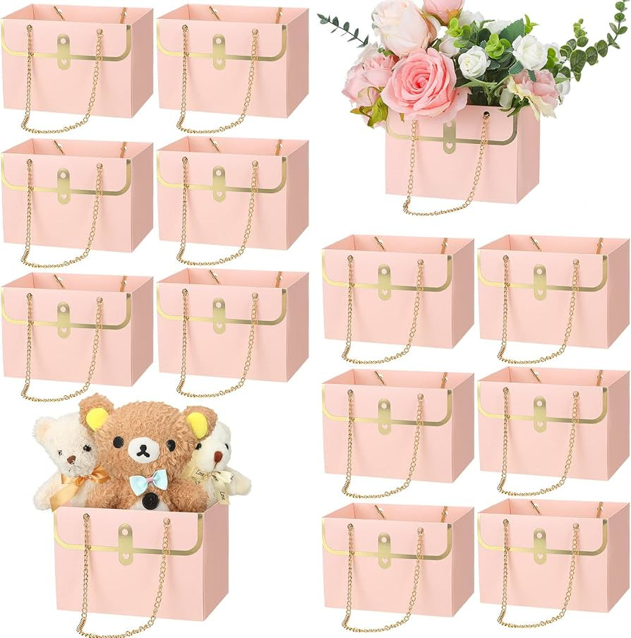 Lincia 12 Pcs Pink Flower Box Wedding Pink Flower Paper Gift Bag Bouquet Boxes with Handle Boxes ... | Amazon (US)