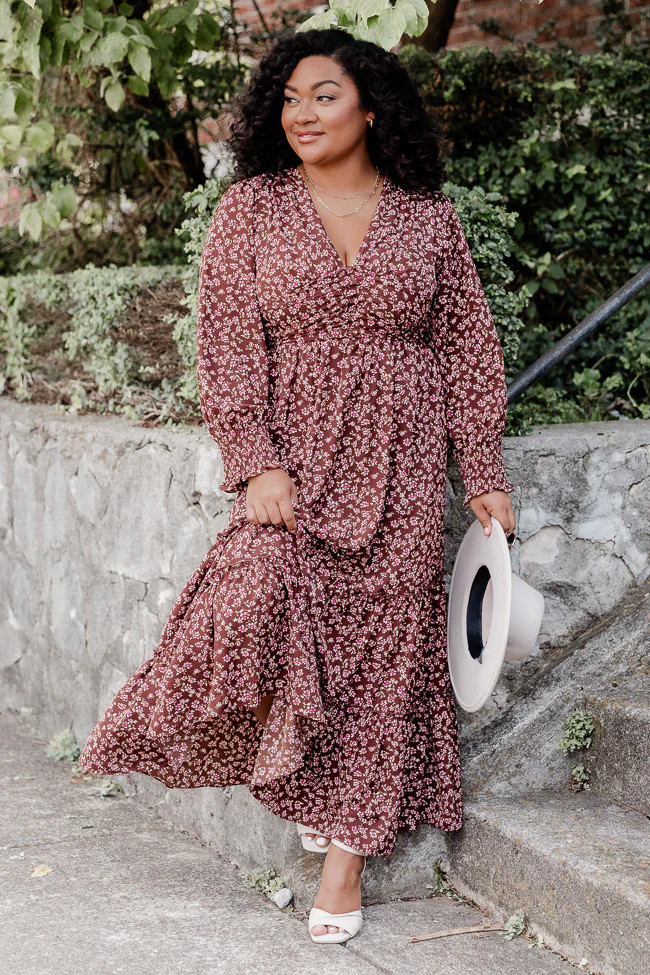 Should've Seen It Coming Brown Floral Long Sleeve Maxi Dress | Pink Lily