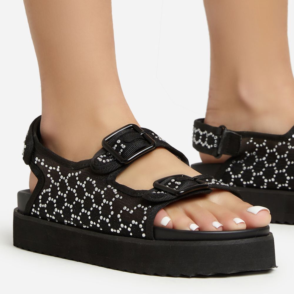 Corta Double Buckle Strap Diamante Detail Flat Dad Sandal In Black Mesh | Ego Shoes (UK)