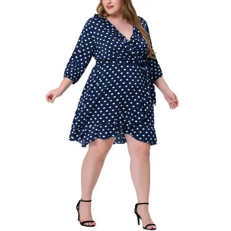 Agnes Orinda Women s Plus Size Polka dotss Ruffle Chiffon Warp Midi Dress | Walmart (US)