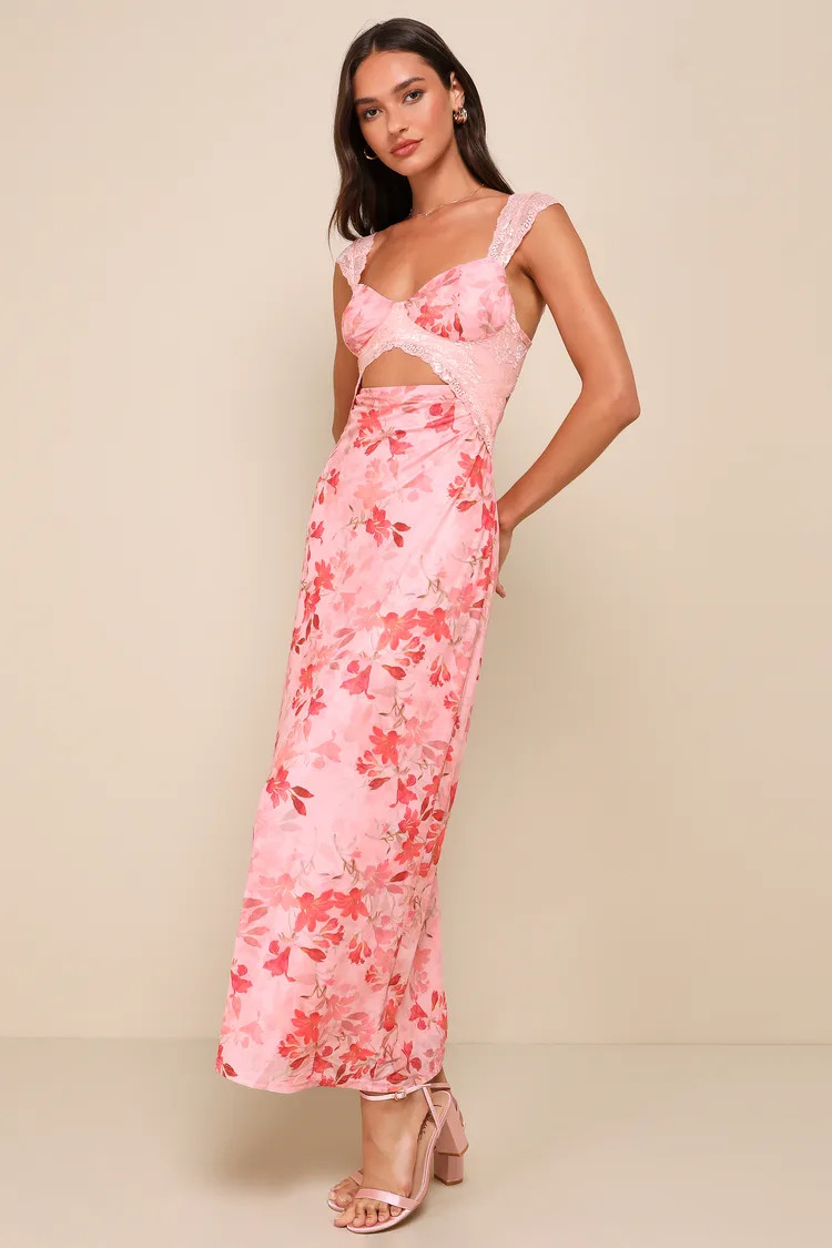 Endlessly Cute Pink Floral Mesh Cutout Lace Bustier Maxi Dress | Lulus