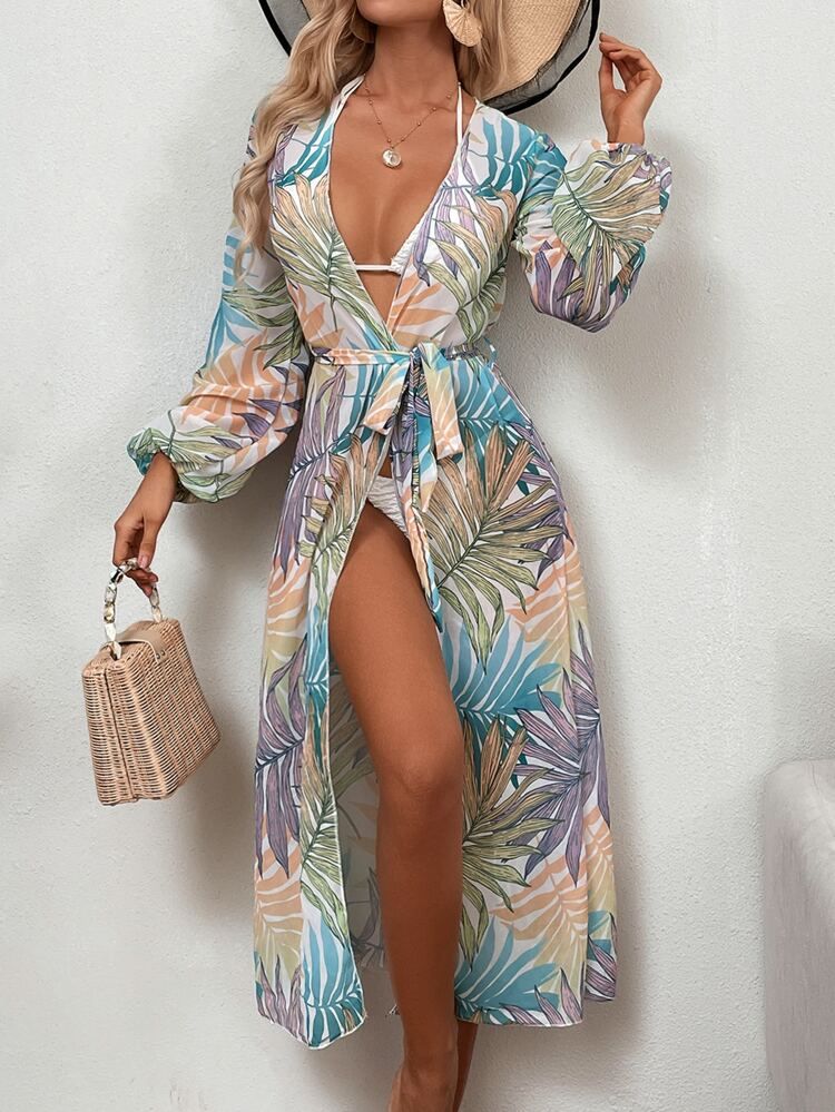 Tropical Print Long Sleeve Kimono | SHEIN