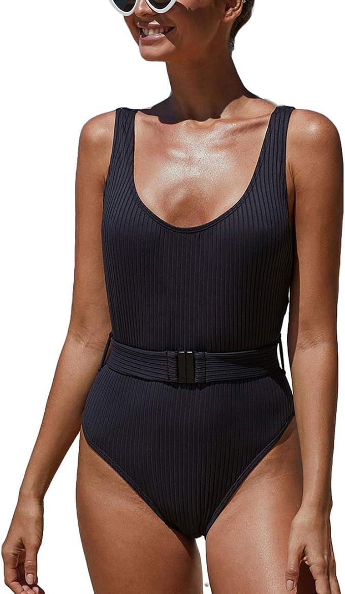 PRETTYGARDEN Women’s Simple Low Cut Sides Wide Straps High Legs One-Piece Swimsuit | Amazon (US)
