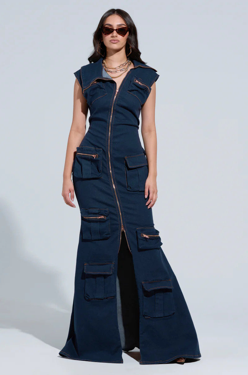 DONT MESS WITH ME COLLARED DENIM MAXI DRESS | AKIRA
