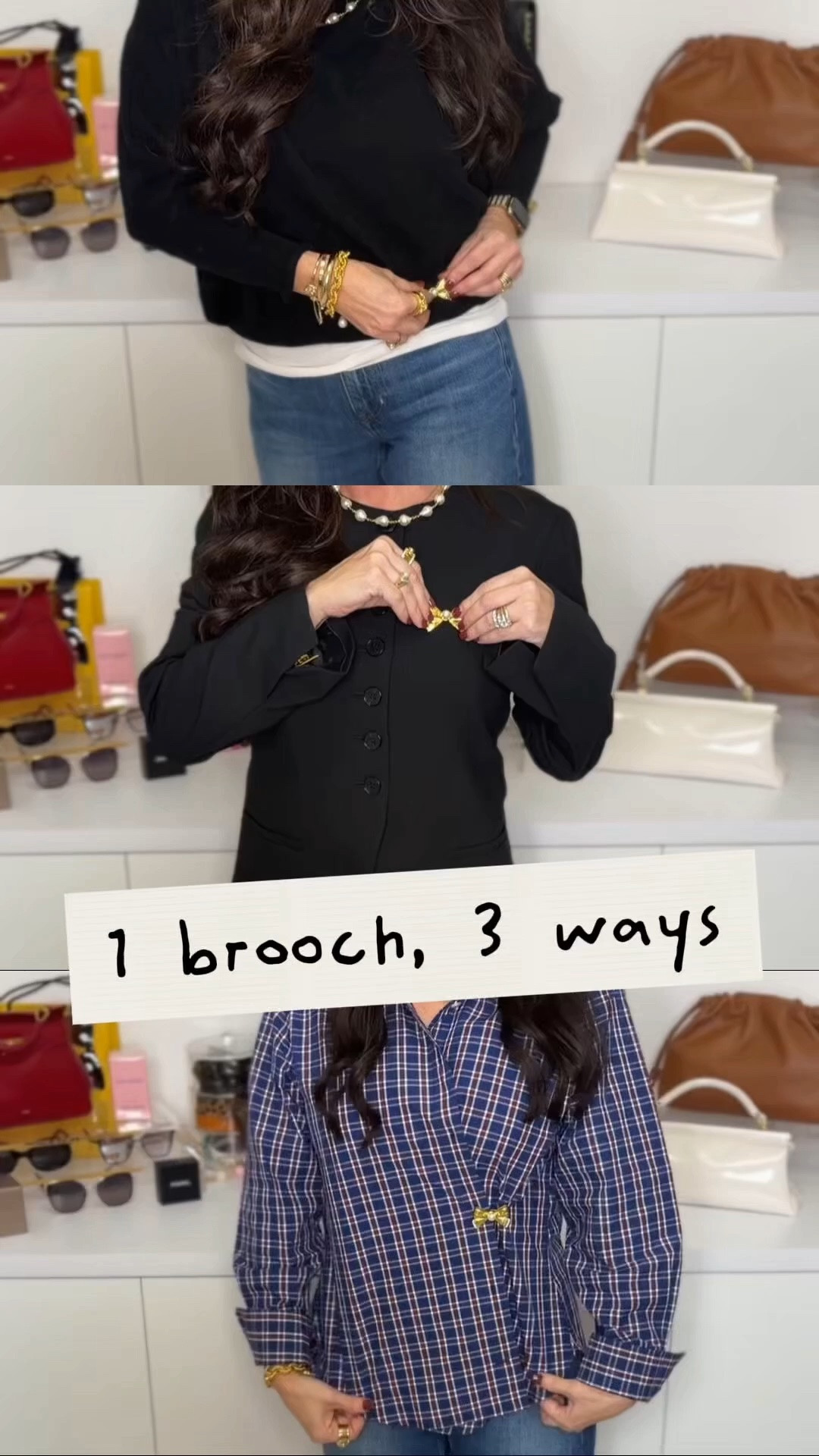 Here are 3 inspo ways to wear your brooch. I have so many other inspos to share. Wear the more than one brooch on a collar of a blouse or blazer or jacket . Place a brooch on a scarf around your neck or waist. Those are just a couple of more ideas . Brooch from @Etsy . Plaid top size 4 , blazer 6 , sweater sm, jeans 25p.