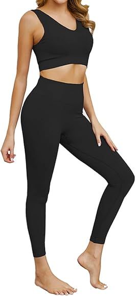 Women 2 PCS Workout Set Seamless Super Soft Material Deep V Neck Bra+Leggings Sports Suit Yoga Outfi | Amazon (CA)