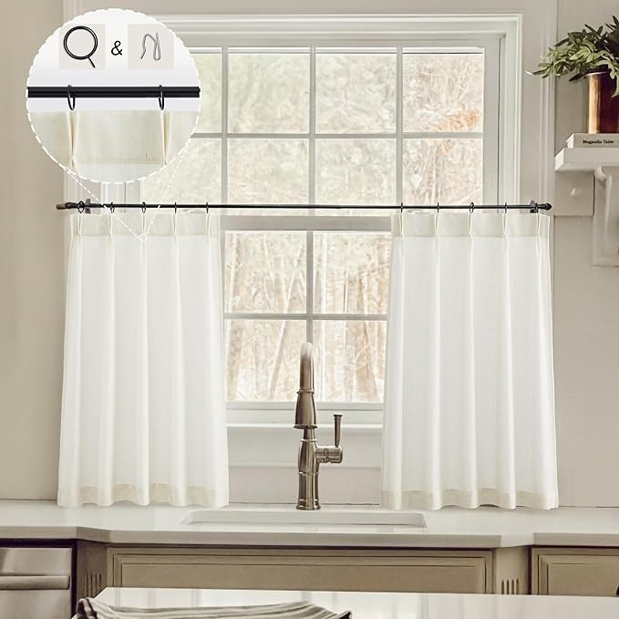 Natural Linen Kitchen Curtains 30 inch Length Pinch Pleat Cafe Curtains | Amazon (US)