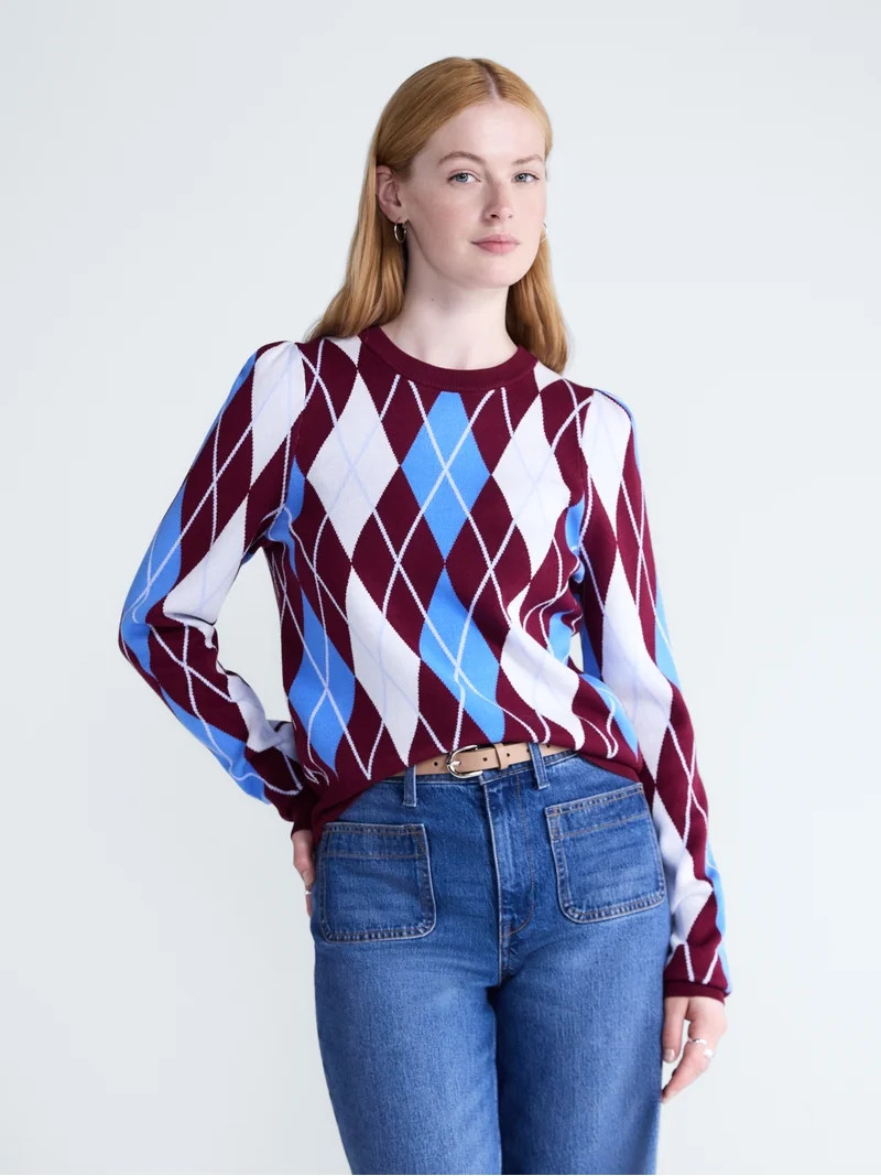 Free Assembly Women's and Women\u2019s Plus Argyle Sweater with Puff Sleeves, Midweight, Sizes XS... | Walmart (US)
