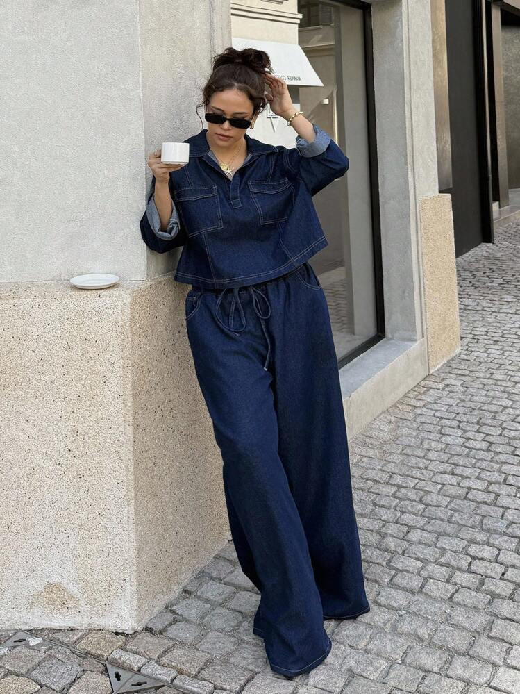 Dripcurv Plus Size Women 2pcs Set Casual Denim Jacket With Pockets And Pants, Fall Women Clothes,Size Summer Fall Clothes Autumn Clothes Back To School Homecoming Cute 2000s Style Kawaii Y2k Airport Outfit For Women Modest Old Money Tulum Vintage Airport Outfit For Women Solid Color Casual Lace-Up Blue Jeans Baggy Jeans Wide Leg Pants Woman Wide Leg Pants Mom Jeans,Fall Clothes For Women,Plus Size Blue Denim Two-Piece Set High Waist Wide Leg Pants Old Money Style Outfit,Fall Clothes For Women Business Casual Outfits Women,Plus Size Denim Darkwash Jeans Only Cute Summer Holiday Elegant Vacation Romantic Curve Farmhouse,2pcs Set: Loose Fit Denim Shirt With Collar & Casual Denim Pants, Suitable For All Seasons, Spring/Autumn | SHEIN