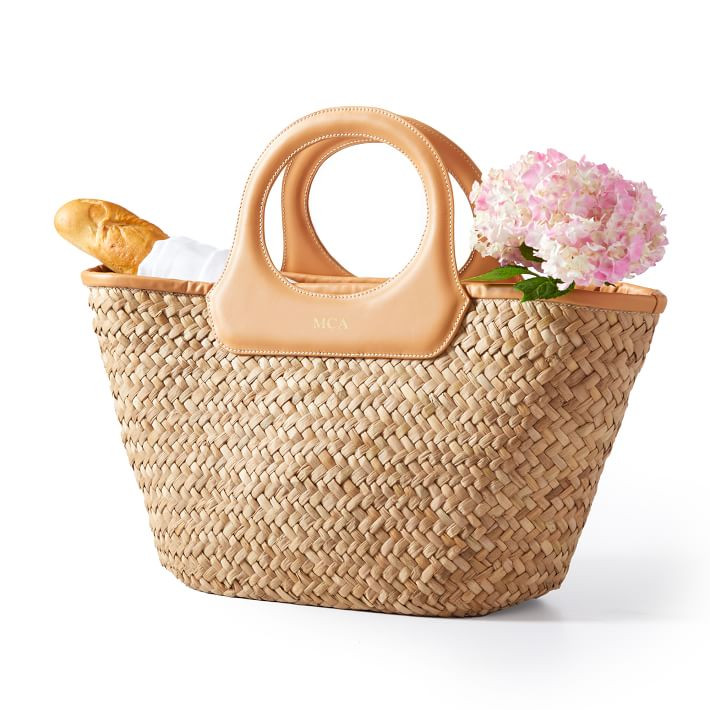 Leather Circle Handle Straw Beach Bag | Mark and Graham