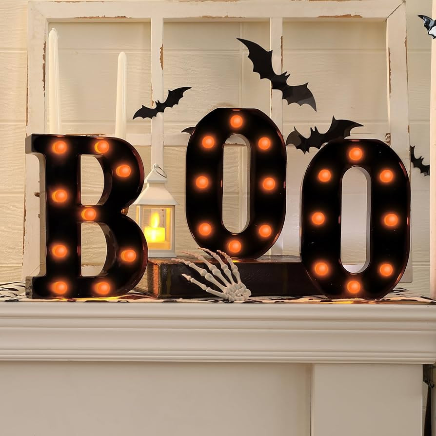 Halloween Decorations-3 LED Marquee Light up Letters "BOO" Sign Halloween Decor for Kitchen Tabletop Mantel Party Indoor | Amazon (US)